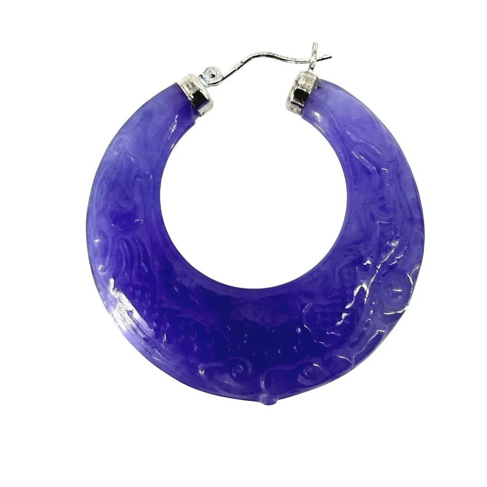Purple Carved Jadeite Hoop Earrings Sterling Silver Latch Back Statement